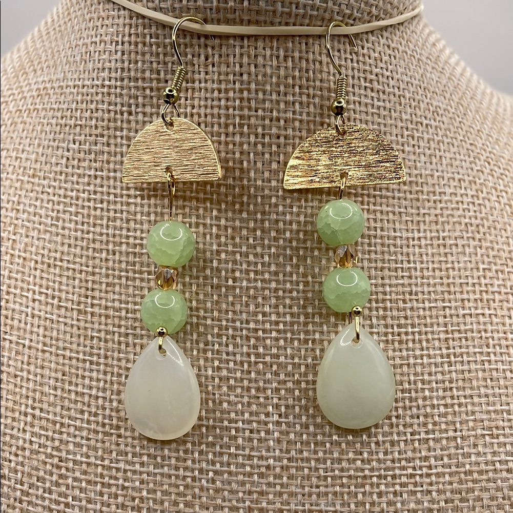 Jade, Quartz And Phrenite Dangle Earrings